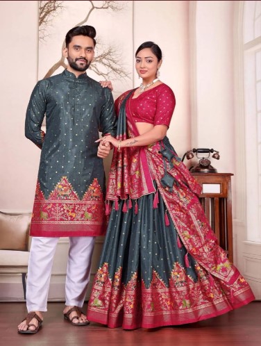 Patola Foil Print Lehenga with Kurta Pajama Couple Outfit